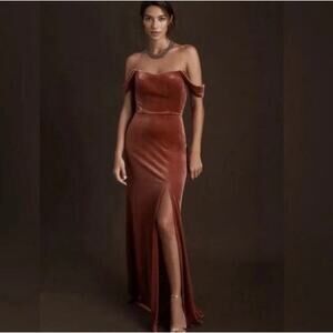 Jenny Yoo Issa Velvet Bridesmaid Off Shoulder Maxi Dress in Cinnamon Rose Sz 4